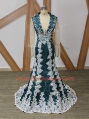 Decent Beading and Lace and Appliques Homecoming Dress Navy Blue Zipper Long Sleeves Brush Train