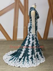 Decent Beading and Lace and Appliques Homecoming Dress Navy Blue Zipper Long Sleeves Brush Train