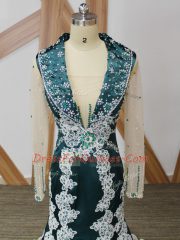 Decent Beading and Lace and Appliques Homecoming Dress Navy Blue Zipper Long Sleeves Brush Train