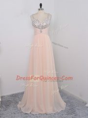 Spectacular Chiffon Straps Sleeveless Zipper Sequins Prom Dresses in Peach