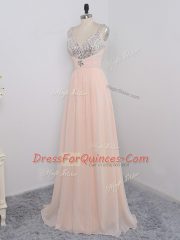 Spectacular Chiffon Straps Sleeveless Zipper Sequins Prom Dresses in Peach