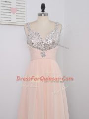 Spectacular Chiffon Straps Sleeveless Zipper Sequins Prom Dresses in Peach