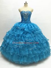 Glamorous Beading and Ruffles Sweet 16 Dress Teal Lace Up Sleeveless Floor Length