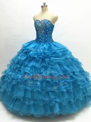 Glamorous Beading and Ruffles Sweet 16 Dress Teal Lace Up Sleeveless Floor Length