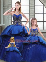 Luxurious Taffeta Sweetheart Sleeveless Court Train Lace Up Beading and Appliques and Embroidery Sweet 16 Dress in Blue