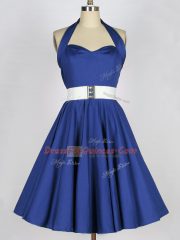 Exquisite Blue Taffeta Lace Up Halter Top Sleeveless Knee Length Court Dresses for Sweet 16 Belt