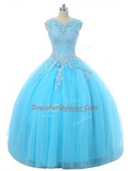 Floor Length Aqua Blue Ball Gown Prom Dress Tulle Sleeveless Appliques