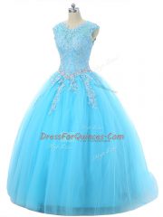 Floor Length Aqua Blue Ball Gown Prom Dress Tulle Sleeveless Appliques