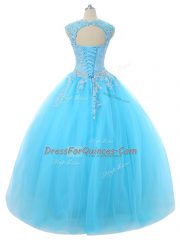 Floor Length Aqua Blue Ball Gown Prom Dress Tulle Sleeveless Appliques