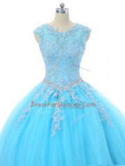 Floor Length Aqua Blue Ball Gown Prom Dress Tulle Sleeveless Appliques
