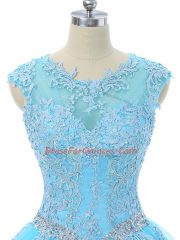 Floor Length Aqua Blue Ball Gown Prom Dress Tulle Sleeveless Appliques