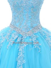Floor Length Aqua Blue Ball Gown Prom Dress Tulle Sleeveless Appliques