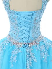 Floor Length Aqua Blue Ball Gown Prom Dress Tulle Sleeveless Appliques
