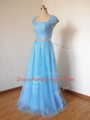 Colorful Beading Quinceanera Court Dresses Baby Blue Zipper Cap Sleeves Floor Length