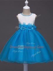 Lace and Hand Made Flower Little Girls Pageant Dress Wholesale Baby Blue Zipper Sleeveless Knee Length