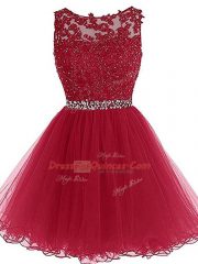 Top Selling Burgundy A-line Sweetheart Sleeveless Tulle Mini Length Zipper Beading and Lace and Appliques Prom Gown