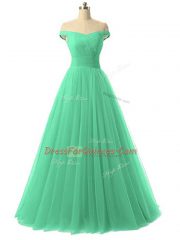 Off The Shoulder Sleeveless Tulle Prom Gown Ruching Lace Up