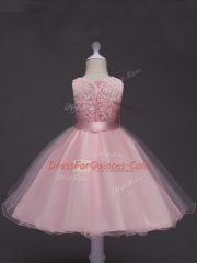Attractive Scoop Sleeveless Little Girls Pageant Dress Knee Length Lace and Belt Baby Pink Tulle
