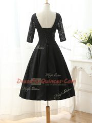Modest Black Prom Gown Prom and Party with Lace and Appliques V-neck Half Sleeves Lace Up