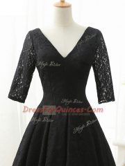 Modest Black Prom Gown Prom and Party with Lace and Appliques V-neck Half Sleeves Lace Up