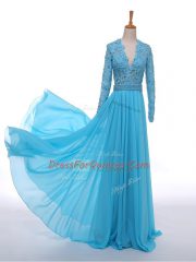 Baby Blue Empire Lace Homecoming Dress Zipper Chiffon Long Sleeves Floor Length