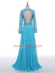 Baby Blue Empire Lace Homecoming Dress Zipper Chiffon Long Sleeves Floor Length