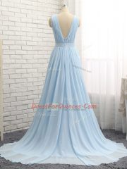 Sleeveless Chiffon Brush Train Backless Dress for Prom in Light Blue with Ruching and Belt