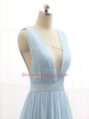 Sleeveless Chiffon Brush Train Backless Dress for Prom in Light Blue with Ruching and Belt
