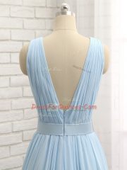 Sleeveless Chiffon Brush Train Backless Dress for Prom in Light Blue with Ruching and Belt