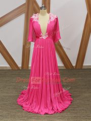 Hot Pink V-neck Neckline Lace and Appliques and Pleated Prom Dress Half Sleeves Backless