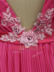 Hot Pink V-neck Neckline Lace and Appliques and Pleated Prom Dress Half Sleeves Backless