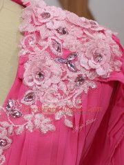 Hot Pink V-neck Neckline Lace and Appliques and Pleated Prom Dress Half Sleeves Backless
