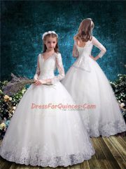 White Ball Gowns Tulle V-neck 3 4 Length Sleeve Lace Floor Length Lace Up Flower Girl Dress
