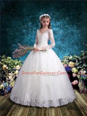 White Ball Gowns Tulle V-neck 3 4 Length Sleeve Lace Floor Length Lace Up Flower Girl Dress