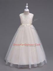 Glorious Sleeveless Tulle Floor Length Zipper Little Girl Pageant Dress in Champagne with Lace