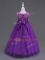 Glorious Sleeveless Tulle Floor Length Zipper Little Girl Pageant Dress in Champagne with Lace