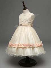 Custom Designed Tulle Sleeveless Knee Length Little Girl Pageant Gowns and Lace and Bowknot