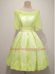 Enchanting Half Sleeves Taffeta Knee Length Lace Up Dama Dress for Quinceanera in Yellow with Lace