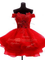 Latest Red Off The Shoulder Zipper Lace and Appliques and Ruffles Dress for Prom Sleeveless