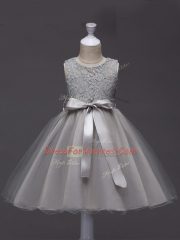 Grey Tulle Zipper Scoop Sleeveless Knee Length Flower Girl Dress Lace and Belt