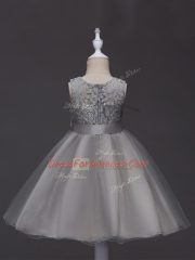 Grey Tulle Zipper Scoop Sleeveless Knee Length Flower Girl Dress Lace and Belt