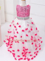 Excellent Sleeveless Tulle High Low Zipper Kids Pageant Dress in White And Red with Appliques and Sequins