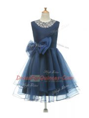 A-line Toddler Flower Girl Dress Navy Blue Scoop Tulle Sleeveless Knee Length Zipper