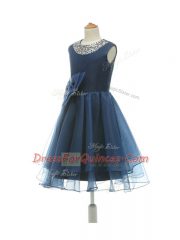 A-line Toddler Flower Girl Dress Navy Blue Scoop Tulle Sleeveless Knee Length Zipper