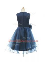 A-line Toddler Flower Girl Dress Navy Blue Scoop Tulle Sleeveless Knee Length Zipper