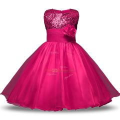 Glamorous Knee Length Hot Pink Toddler Flower Girl Dress Organza and Sequined Sleeveless Belt and Hand Made Flower