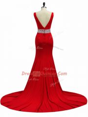 Wine Red Elastic Woven Satin Zipper Dress for Prom Sleeveless Brush Train Beading