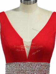 Wine Red Elastic Woven Satin Zipper Dress for Prom Sleeveless Brush Train Beading