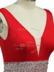 Wine Red Elastic Woven Satin Zipper Dress for Prom Sleeveless Brush Train Beading