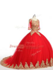 Scoop Half Sleeves Tulle 15th Birthday Dress Lace and Appliques Brush Train Zipper
